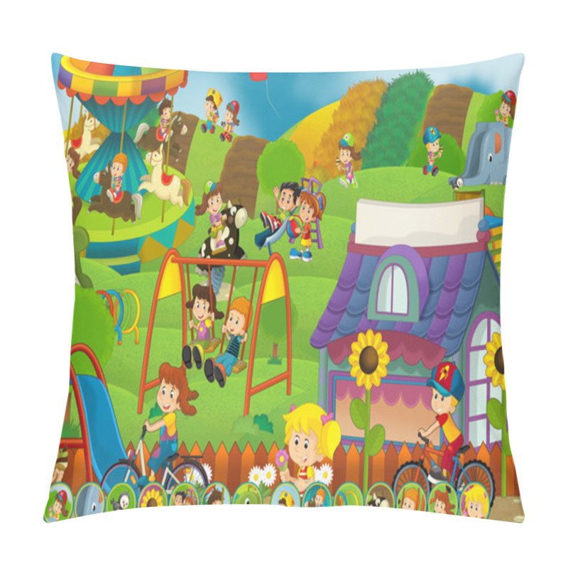 Personality  Cartoon Scene With Happy And Funny Kids On The Playground And In The Car - Illustration For Childrencartoon Scene With Happy And Funny Kids On The Playground And In The Car - Illustration For Children Pillow Covers