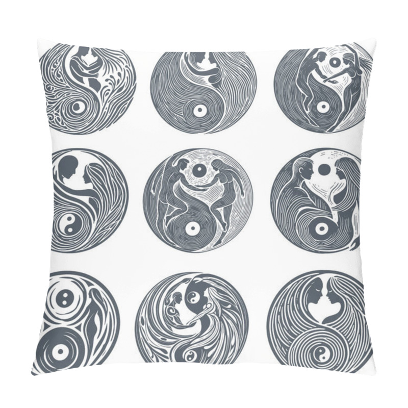 Personality  Abstract Yin-Yang Inspired Circular Patterns With Human Figures In Line Art Style Pillow Covers