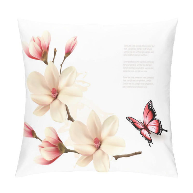 Personality  Beautiful White Magnolia Branch With A Butterfly. Vector. Pillow Covers