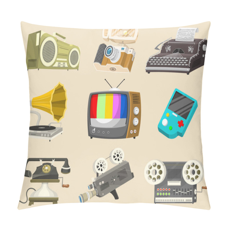 Personality  Vintage Devices Icons. Retro Tech Media, Television Tv, Audio Radio Music, Electronic Sound Recorders, Movie Camera, Typewriter And Console, Vinyl Player. Set Of Old Gadgets And Multimedia Technology. Pillow Covers