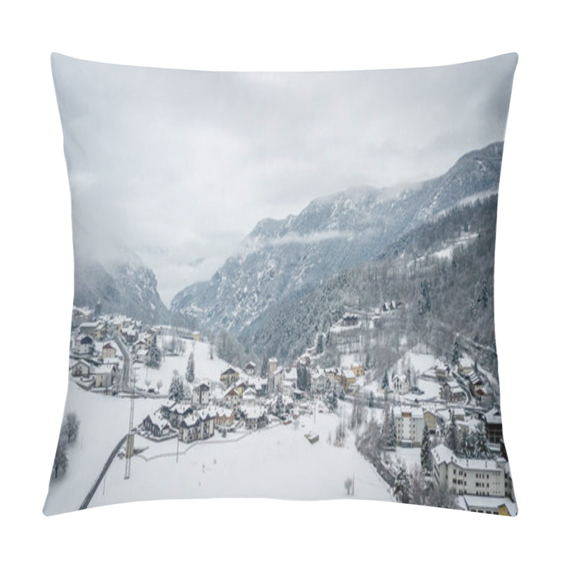 Personality  Winter Aerial Panoramic Landscape In Valle D'Aosta. Italy. View Of Antey-Saint-Andre From Above Pillow Covers