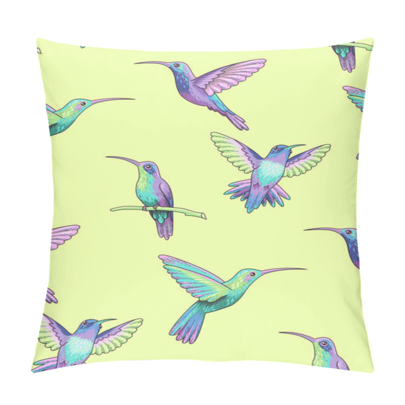 Personality  Flying Hummingbirds On A Yellow-green Background. Seamless Pattern For Textiles And Desig Pillow Covers