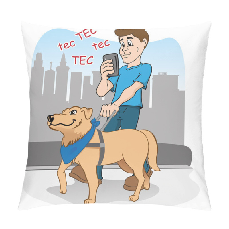 Personality  Person Walking Listlessly Practically Blinded By Smartphone, And Being Guided By The Blind Dog As A Visually Impaired Pillow Covers