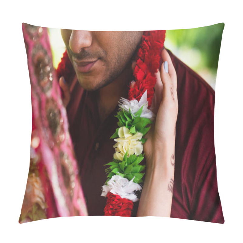 Personality  Cropped View Of Indian Bride Wearing Floral Garland On Bridegroom  Pillow Covers