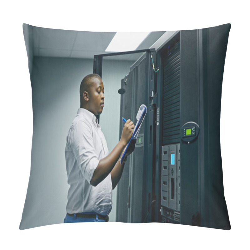 Personality  Shot Of An IT Technician Doing Inspections In A Data Center. Pillow Covers