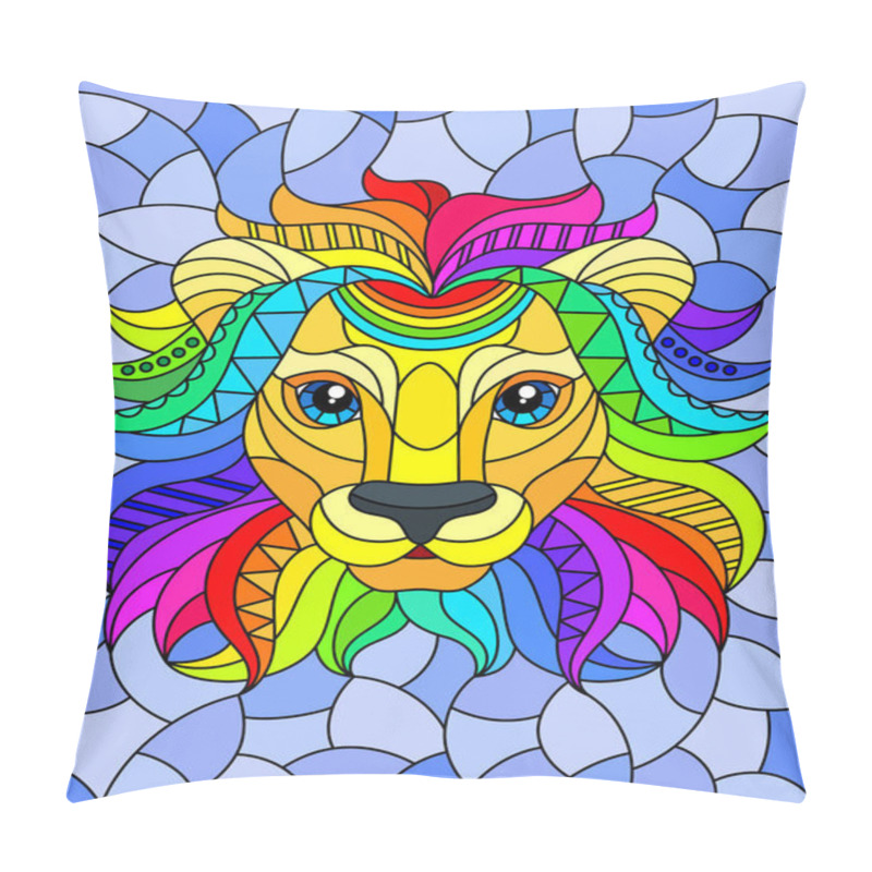 Personality  Illustration In The Style Of Stained Glass With Abstract Rainbow Lion Head On A Blue Background Rectangular Image Pillow Covers