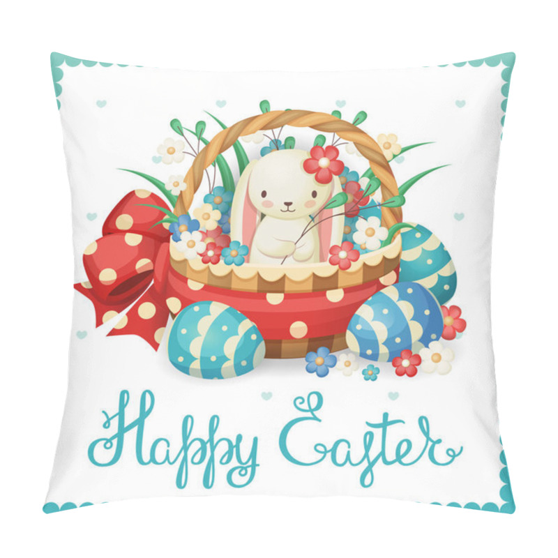 Personality  Vector Illustration For The Easter Holiday. Rabbit In A Basket With Flowers And Eggs. Pillow Covers