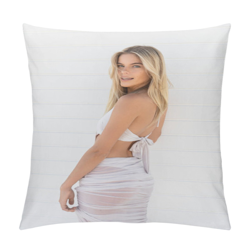 Personality  A Young Blonde Woman Exudes Elegance In A Flowing White Dress As She Strikes A Pose On The Sandy Beaches Of Miami. Pillow Covers