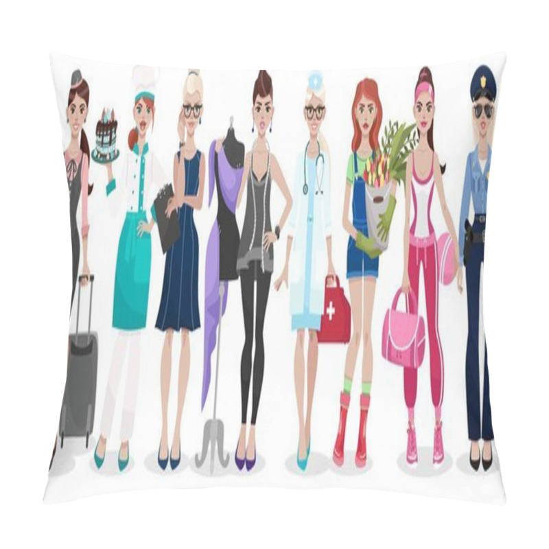 Personality  Set Of Different Professions: Doctor, Teacher, Fashion Designer, Florist, Police Officer, Businesswoman, Chef, Stewardess, Fitness Trainer, Secretary. Vector Illustration Isolated On White Background. Pillow Covers