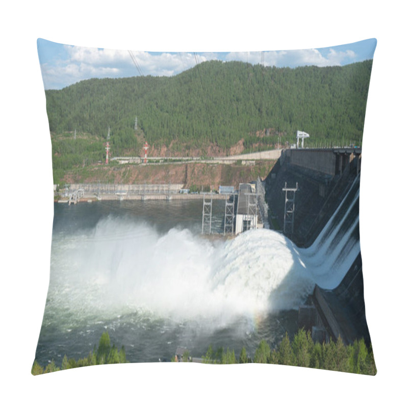 Personality  A Long Plume Of Water Discharged From A Hydroelectric Power Plant. Pillow Covers