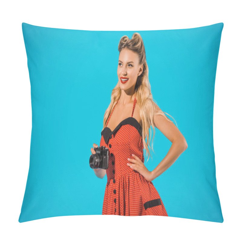 Personality  Portrait Of Beautiful Smiling Woman In Retro Dress With Photo Camera Isolated On Blue Pillow Covers