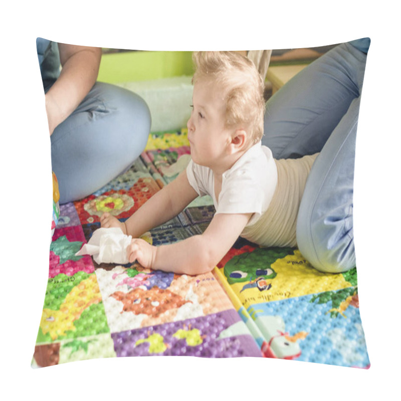 Personality  Portrait Of A Child With Cerebral Palsy On Physiotherapy In A Children Therapy Center. Boy With Disability Has Therapy By Doing Exercises With Physiotherapists In Rehabitation Centre. Pillow Covers