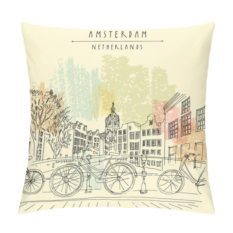 Personality  Bridge In Amsterdam, Holland, Netherlands Europe. Dutch Traditional Historical Buildings. Typical Dutch Houses And Bicycles. Hand Drawing. Travel Sketch. Book Illustration, Postcard, Poster In Vector Pillow Covers