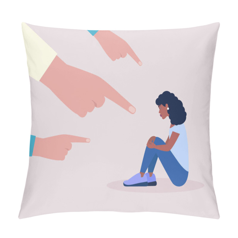 Personality  Concept Illustration Of Shame, Guilt, Censure. Group Of People Points A Finger At A Depressed Woman. Vector Illustration In A Flat Style Pillow Covers