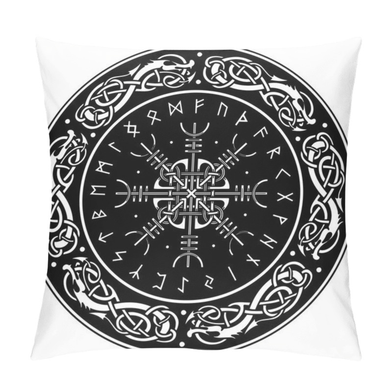 Personality  Viking Shield, Decorated With A Scandinavian Pattern Of Dragons And Aegishjalmur, Helm Of Awe Helm Of Terror , Icelandic Magical Staves Pillow Covers