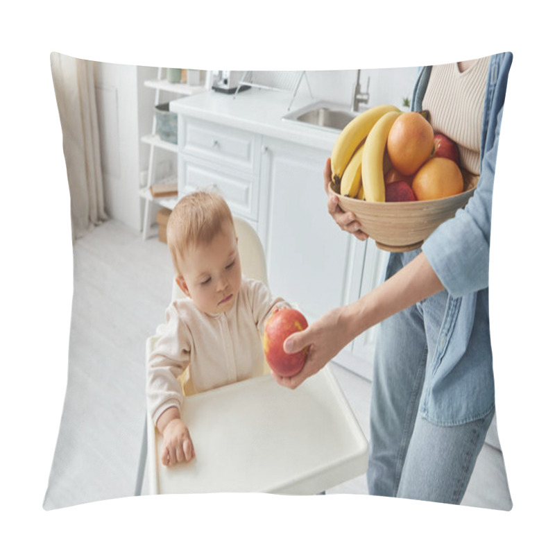 Personality  Mother With Bowl Of Fresh Fruits Proposing Ripe Apple To Little Daughter Sitting In Baby Chair Pillow Covers