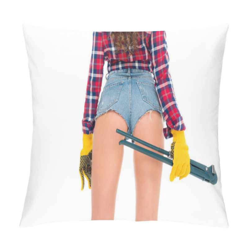 Personality  Back View Of Sexy Girl In Gloves Holding Adjustable Wrench, Isolated On White Pillow Covers