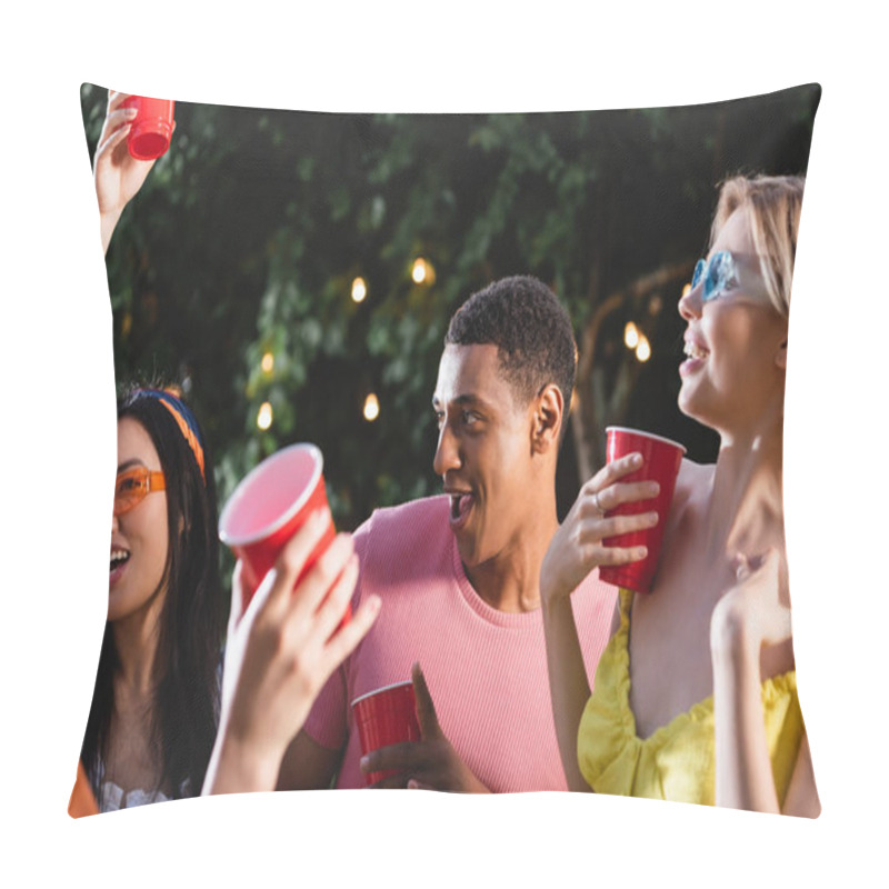 Personality  African American Man Holding Plastic Cup Near Interracial Smiling Friends Outdoors  Pillow Covers