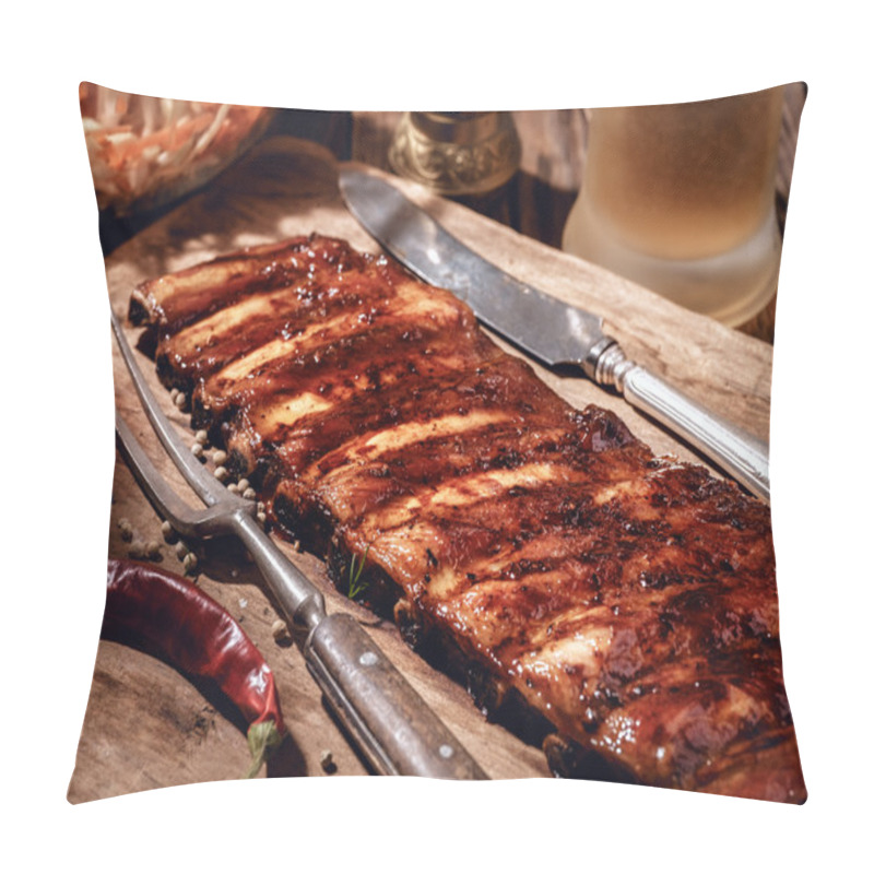 Personality  Delicious BBQ Ribs With Coleslaw And Beer On Wooden Table Pillow Covers