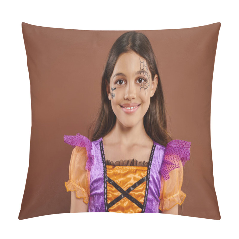 Personality  Adorable Girl In Halloween Costume And Spiderweb Makeup Smiling On Brown Backdrop, Trick Or Treat Pillow Covers