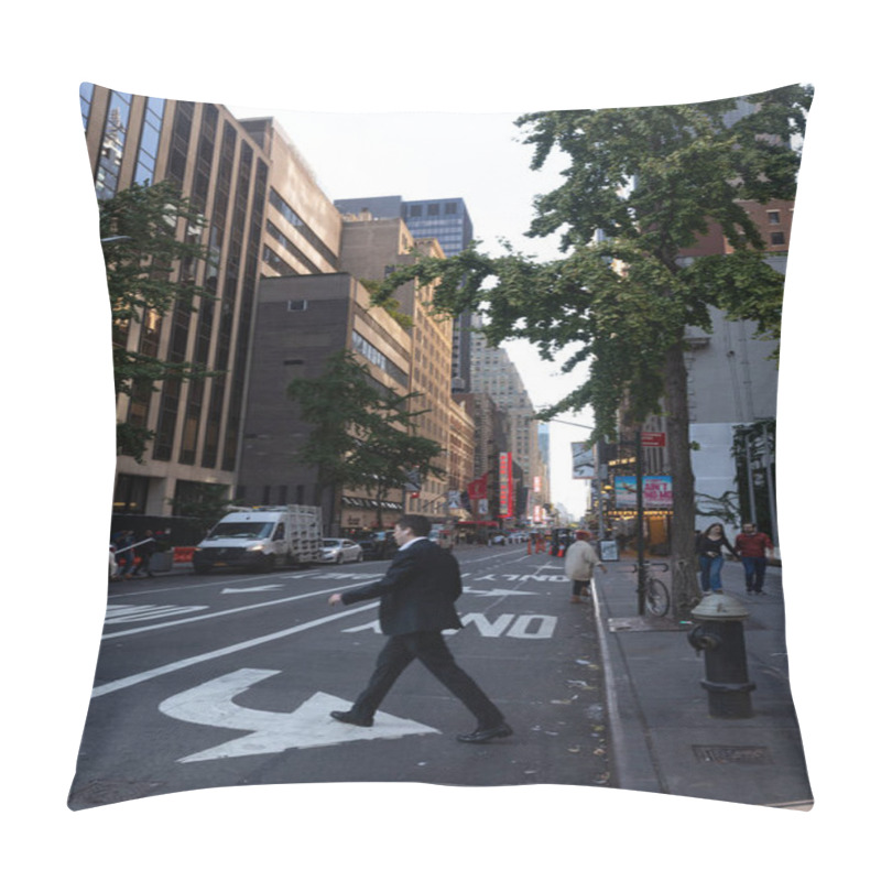 Personality  NEW YORK, USA - OCTOBER 11, 2022: Man Walking On Road On Urban Street In Manhattan  Pillow Covers