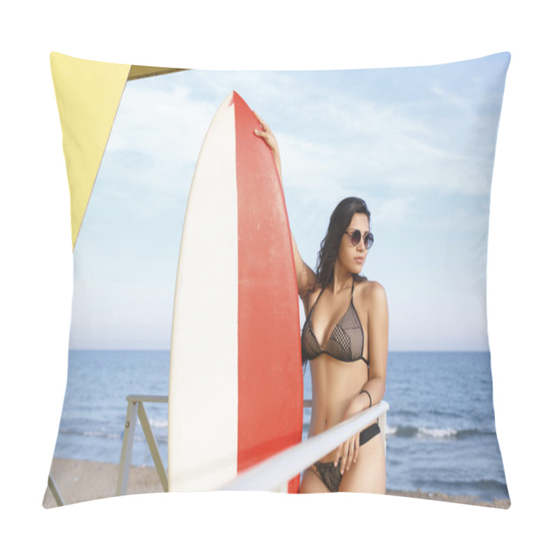 Personality  Woman Standing With Surfboard On The Beach Pillow Covers