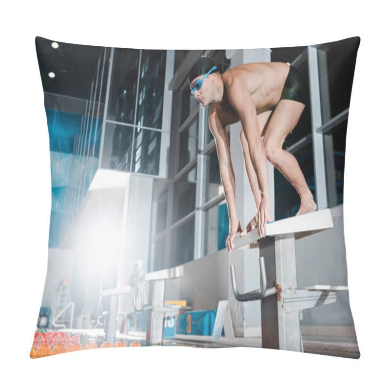 Personality  Shirtless Swimmer Standing In Starting Pose On Diving Block Pillow Covers