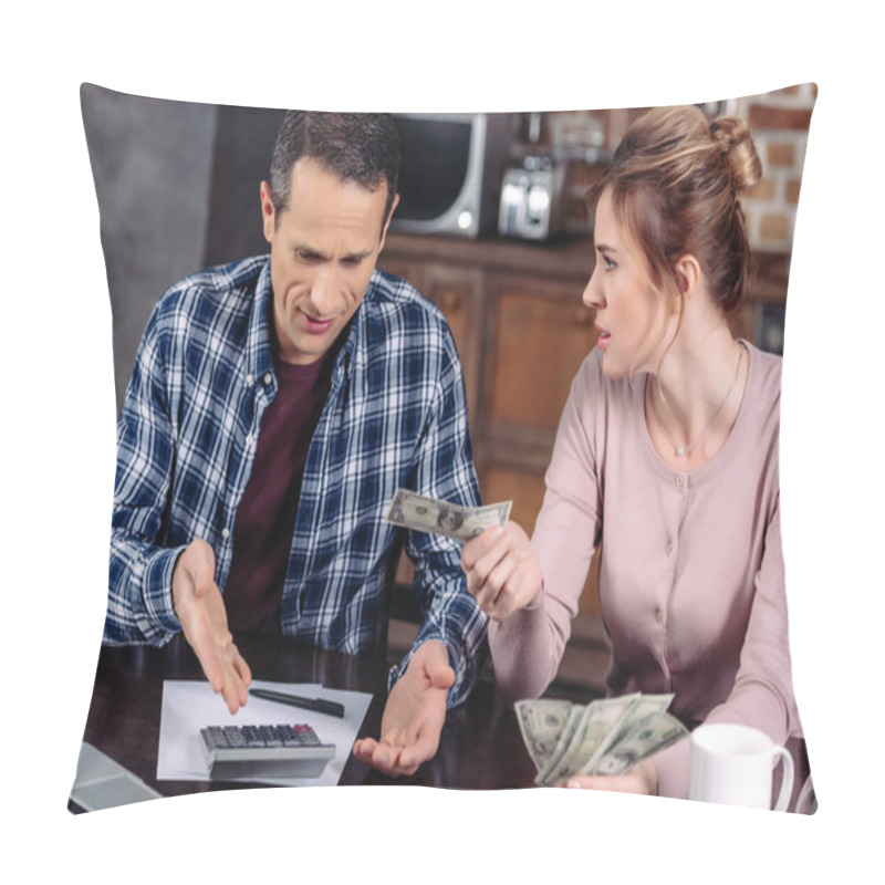 Personality  Portrait Of Couple Counting Money While Sitting At Table At Home, Financial Problems Concept Pillow Covers