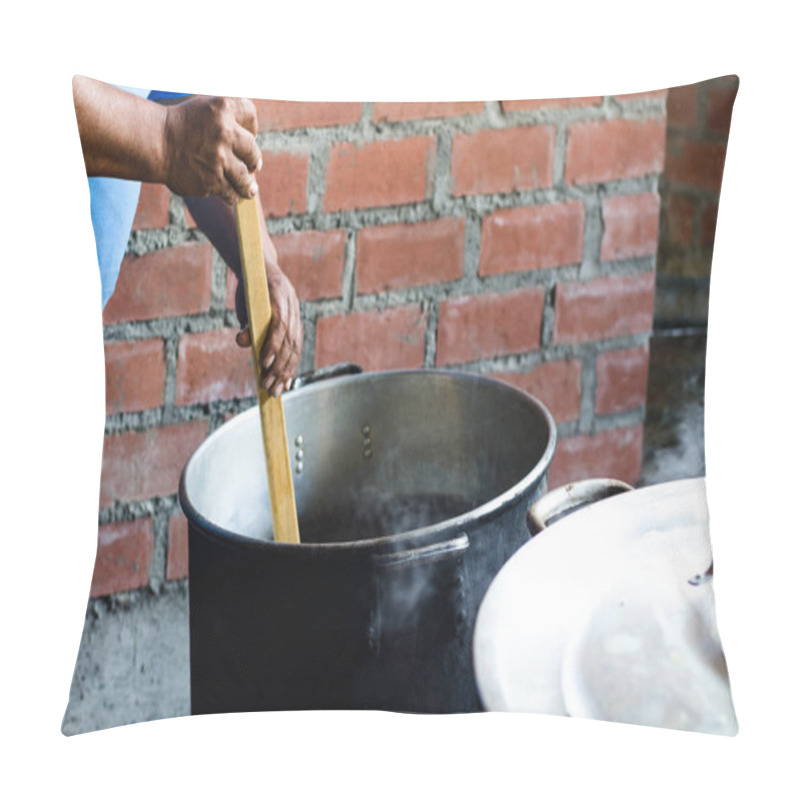 Personality  An Andean Mans Hand Moving The Wooden Spoon In A Pot Pillow Covers