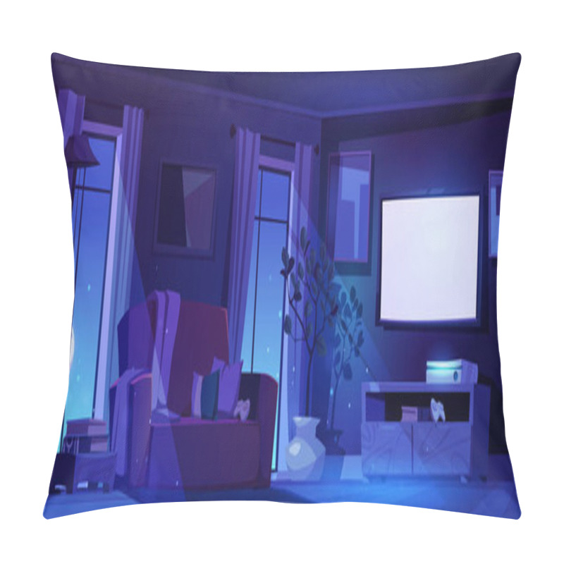 Personality  Night Living Room Interior In Moonlight With Tv And Sofa. Modern Dark Home With Furniture And Decor. Apartment With Potted Plant, Game Station And Full Moon In Window. Cartoon Vector Illustration Pillow Covers