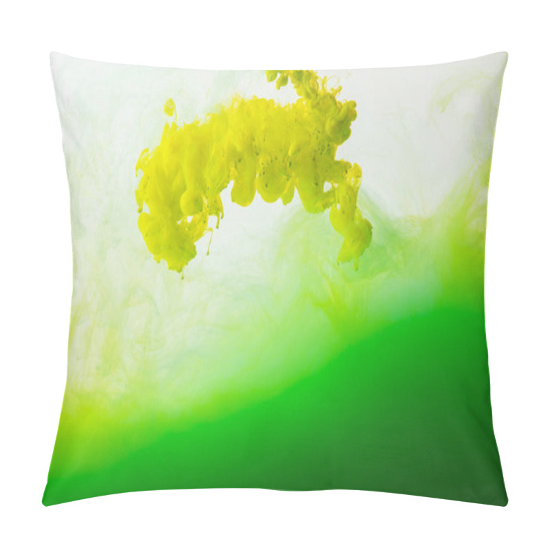 Personality  Close Up View Of Mixing Of Green And Yellow Paints Splashes In Water Isolated On Gray Pillow Covers