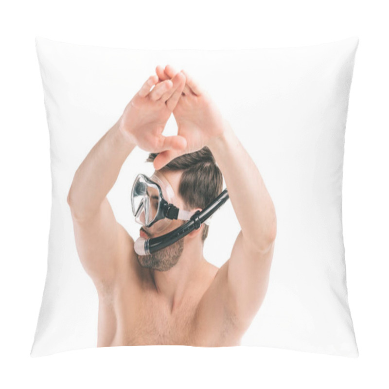 Personality  Young Shirtless Man In Diving Mask Swimming Isolated On White  Pillow Covers