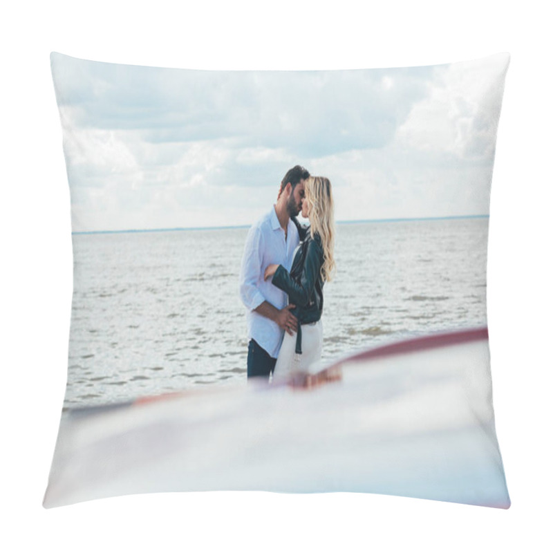 Personality  Attractive Woman And Handsome Man Hugging And Kissing Outside  Pillow Covers