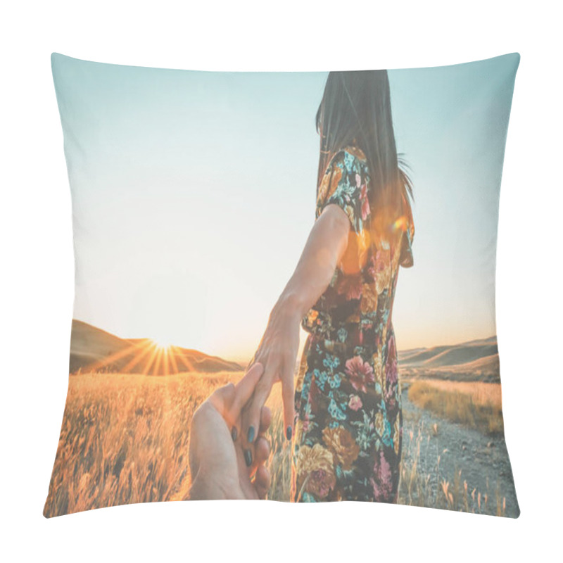 Personality  Close Up Of A Young Girl In A Beautiful Flower Dress Holding Hands And Going Towards Setting Sun Over The Horizon With Golden Field And Scenic Landscape In The Background. Dramatic Views And Joy Of Travelous Lifestyle Concept. Pillow Covers