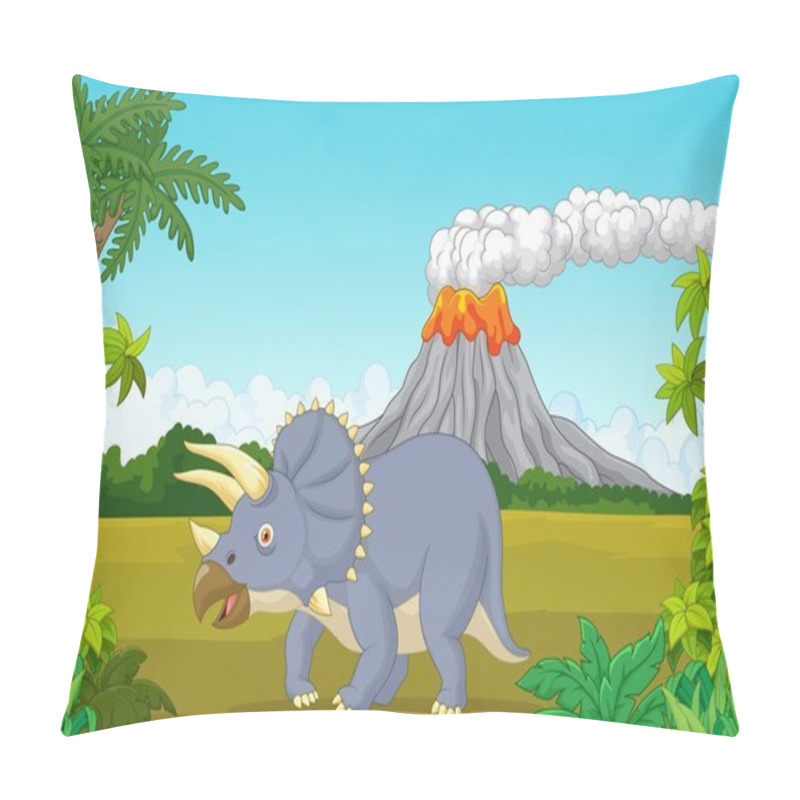 Personality  Prehistoric Scene With Triceratops Cartoon And Volcano Pillow Covers