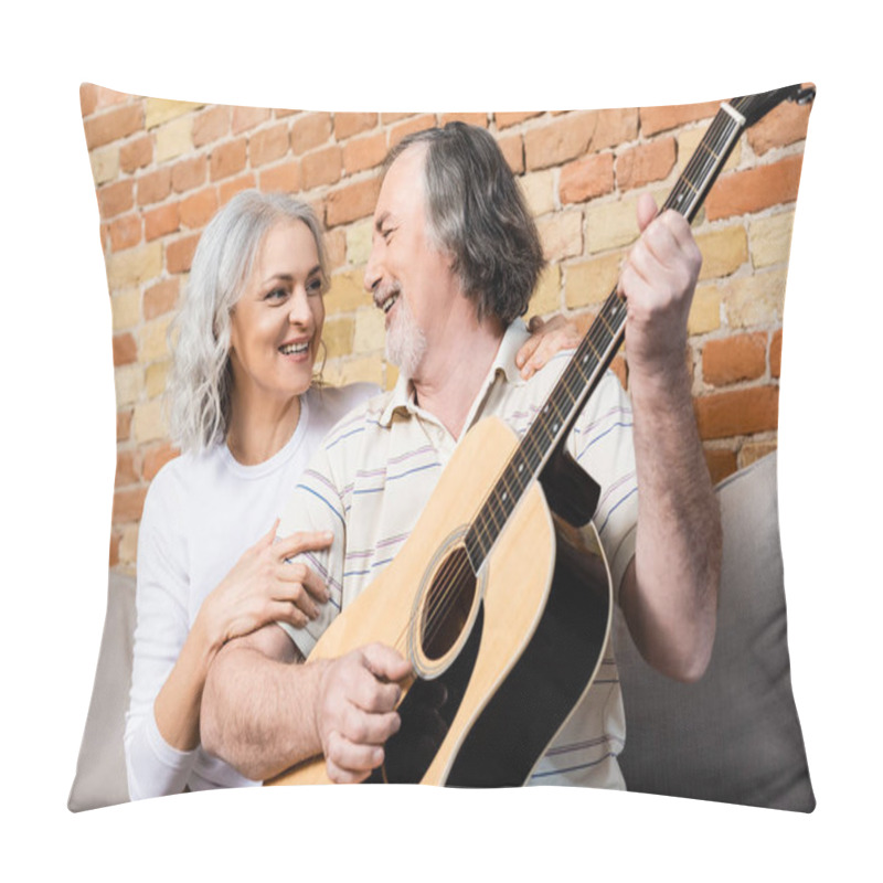 Personality  Happy And Mature Man Playing Acoustic Guitar Near Cheerful Wife  Pillow Covers