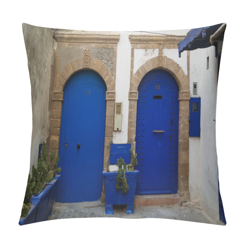 Personality  Essaouira, Morocco - 22 April 2017: Two Blue Doors Are The Entrance To The Different Apartments Pillow Covers