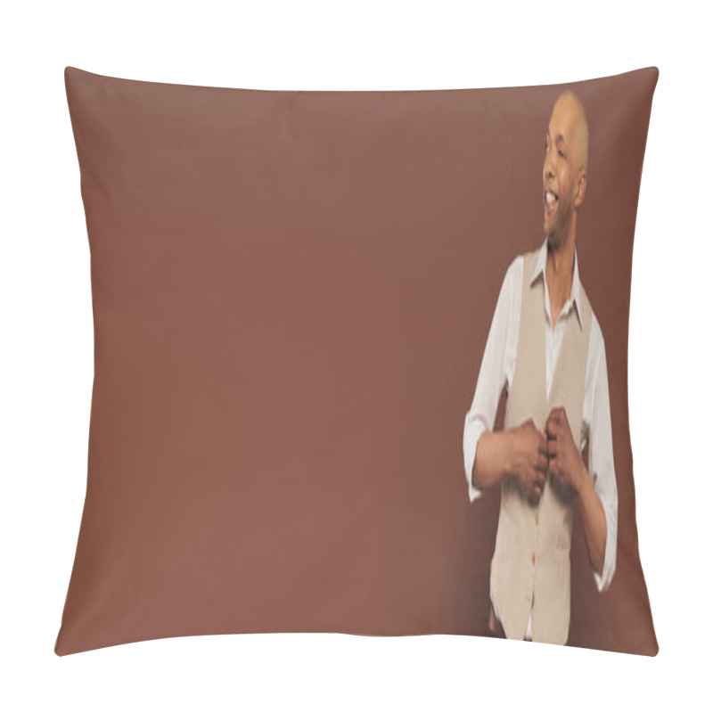 Personality  Real People, Happy And African American Man With Myasthenia Gravis Unbuttoning Vest And Standing On Brown Background, Dark Skinned, Diversity And Inclusion, Physical Impairment, Banner  Pillow Covers