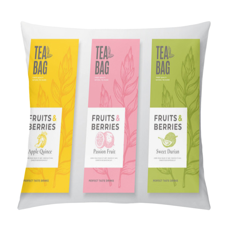 Personality  Exotic Fruits Tea Labels Set. Vector Packaging Design Layouts Bundle. Modern Typography, Hand Drawn Tea Leaves, Quince, Passion Fruit And Durian Silhouettes Background. Beverage Banners. Isolated Pillow Covers