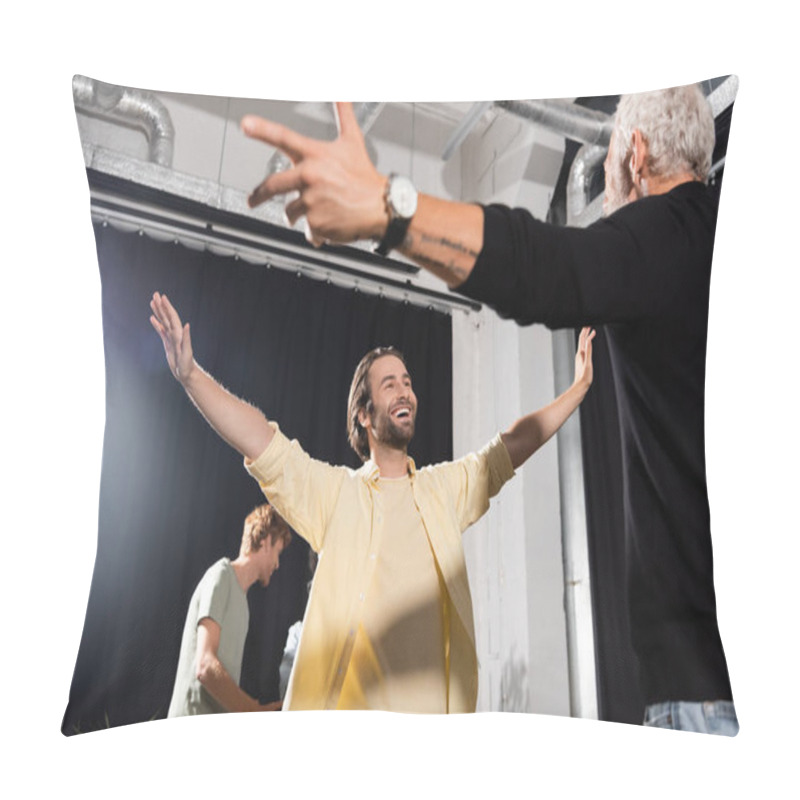 Personality  Excited Bearded Man With Outstretched Hands Rehearsing Near Grey Haired Art Director In Theater  Pillow Covers