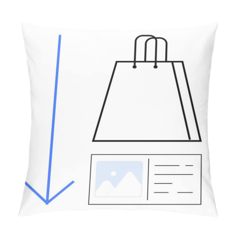 Personality  Shopping Bag With Handles Next To A Receipt Featuring An Image And Text. Downward Arrow Beside Bag. Ideal For E-commerce, Sales, Downloads, Online Shopping, Retail, Transactions Marketing. Line Pillow Covers