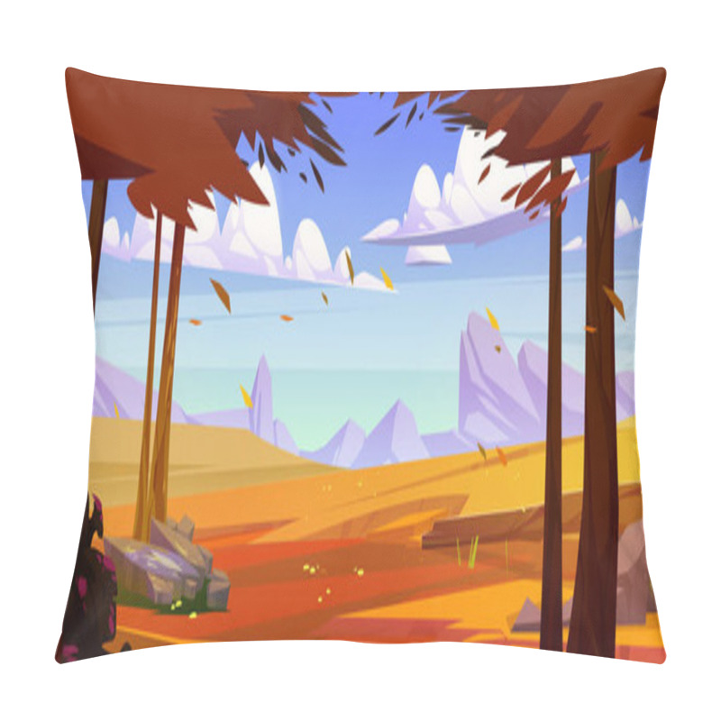 Personality  Autumn Landscape Of Mountain Valley With Meadows And Trees With Orange Leaves. Countryside With Fields, Stones, Bushes With Flowers, Log And Rocks On Horizon In Fall, Vector Cartoon Illustration Pillow Covers