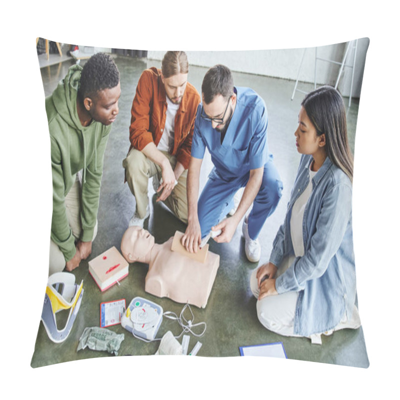 Personality  First Aid Seminar, High Angle View Of Paramedic Tamponing Wound On Simulator With Bandage Near Multiethnic Team And Medical Equipment, Life-saving Skills And Emergency Preparedness Concept Pillow Covers