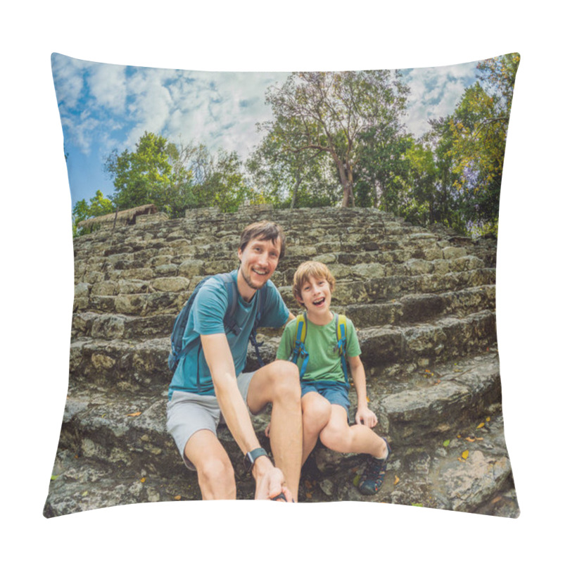 Personality  Father And Son Tourists Exploring The Ancient Ruins Of Coba, Mexico. Family Bonding, Cultural Heritage, And Adventure Travel Concept In The Yucatan Peninsula. Pillow Covers