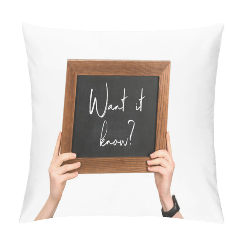 Personality  Cropped View Of Woman Hands Holding Want It Know Isolated On White Pillow Covers