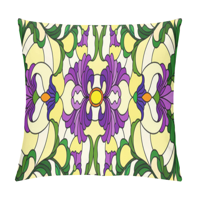 Personality  Illustration In Stained Glass Style With  Purple Flowers, Leaves And Buds  On A Yellow Background, Symmetrical Image, Horizontal Orientation Pillow Covers