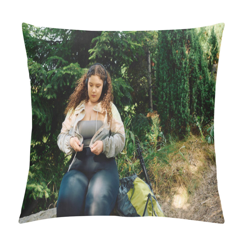 Personality  A Lovely Plus Size Woman Enjoys A Tranquil Break In A Vibrant Natural Setting. Pillow Covers