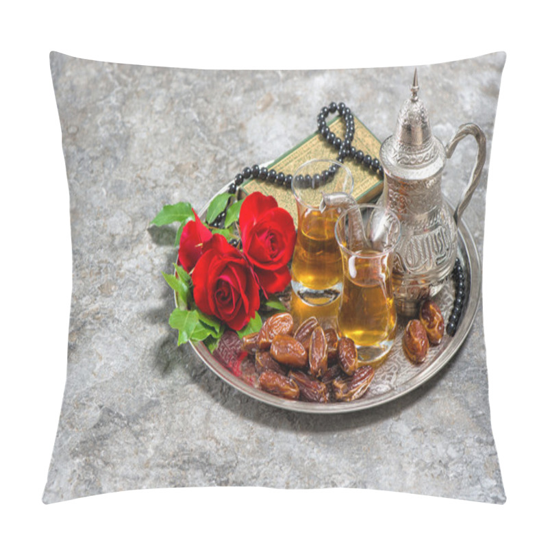 Personality  Tea, Dates Fruits, Red Rose Flower, Holy Book Quran And Rosary.  Pillow Covers