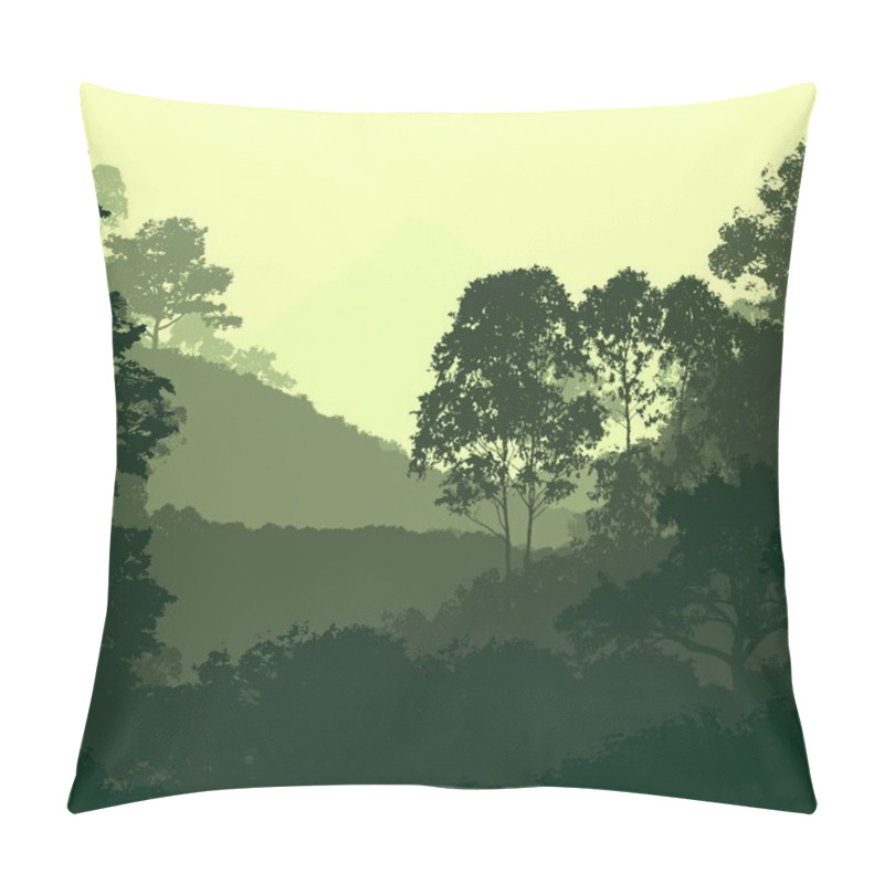 Personality  Abstract Background With Foggy Hills And Trees Silhouettes With Forest Haze. Pillow Covers