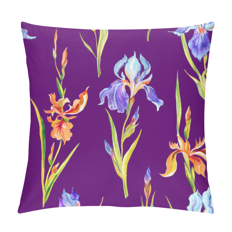 Personality  Seamless Pattern Of Purple And Yellow Irises On A Dark Purple Background, Floral Watercolor Print For Fabric And Other Designs. Pillow Covers